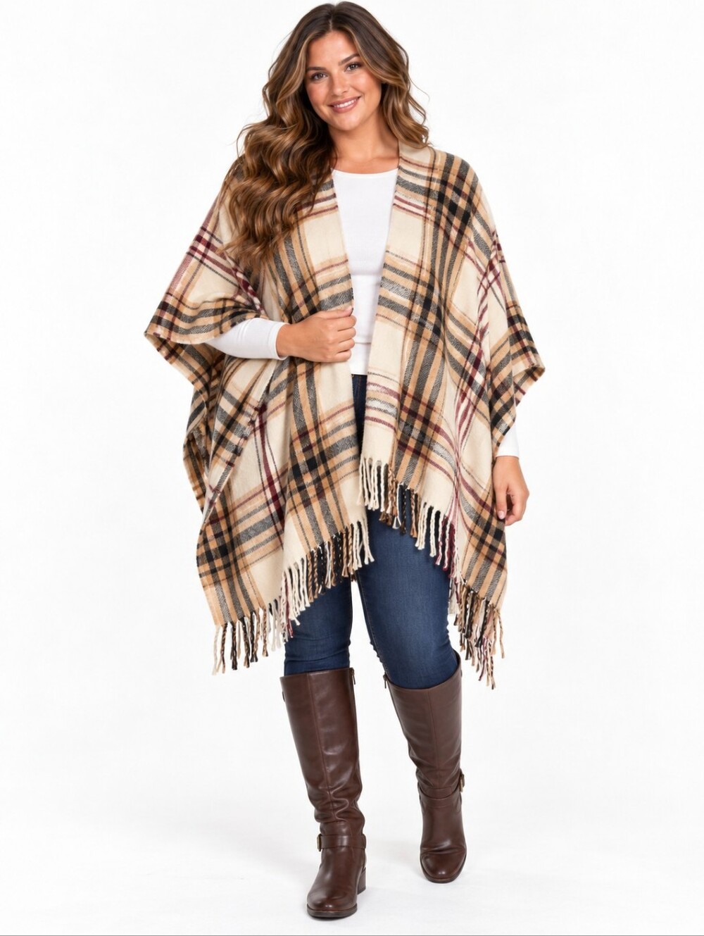 Woolrich Plaid Blanket Wrap Poncho Ruana Fringe Cream Brown One Size